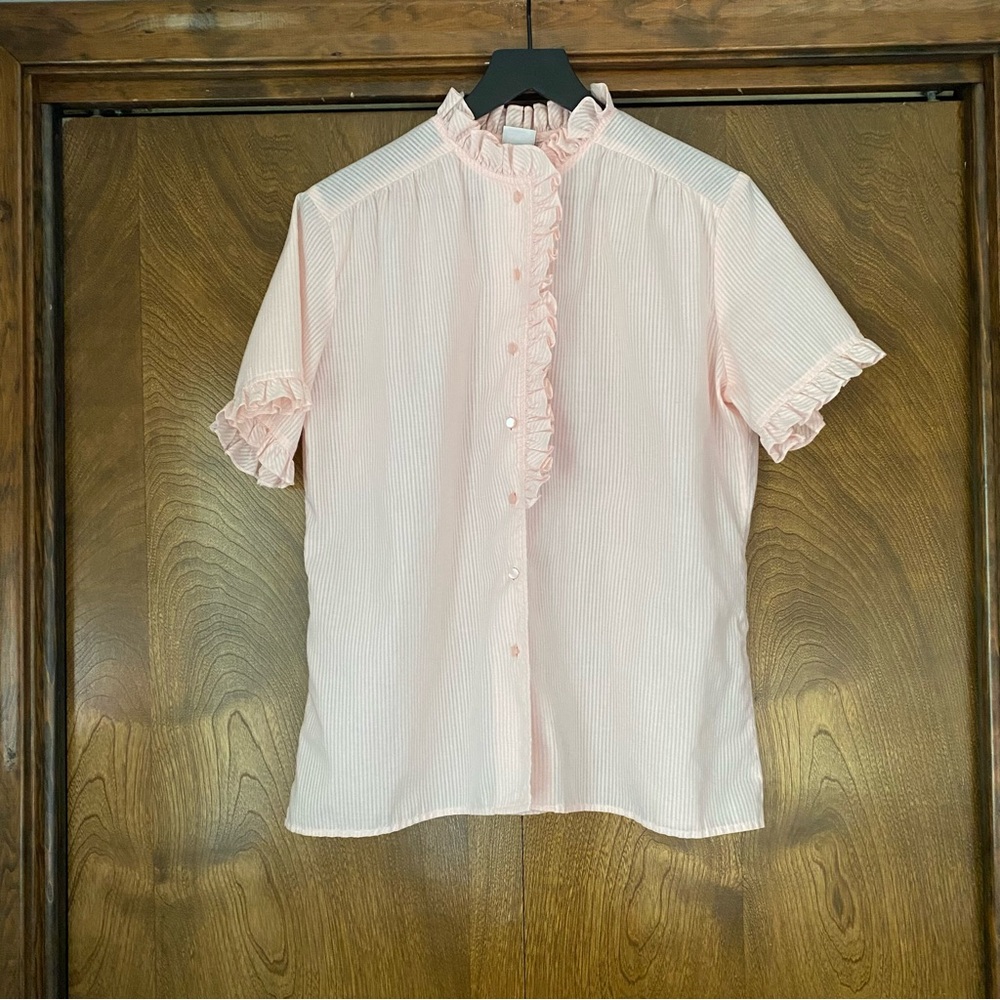 Terry Chicago VTG Ruffle Pink Button Up Short Sleeve Shirt Women’s 18 USA Preppy
